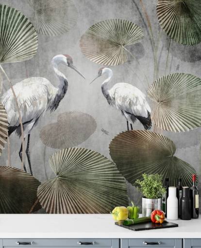 grønt vintage jungel tapetmaleri kalt Vintage Jungle Cranes Green på Wallsauce for soverom, ganger og stuer grønt vintage jungel tapetmaleri kalt Vintage Jungle Cranes Green på Wallsauce for soverom, ganger og stuer