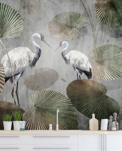 papier peint mural vert vintage de la jungle appelé Vintage Jungle Cranes Green at Wallsauce pour les chambres, les couloirs et les salons