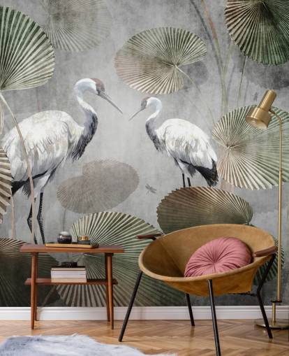 grüne Vintage-Dschungel-Tapete namens Vintage Jungle Cranes Green at Wallsauce für Schlafzimmer, Flure und Wohnzimmer