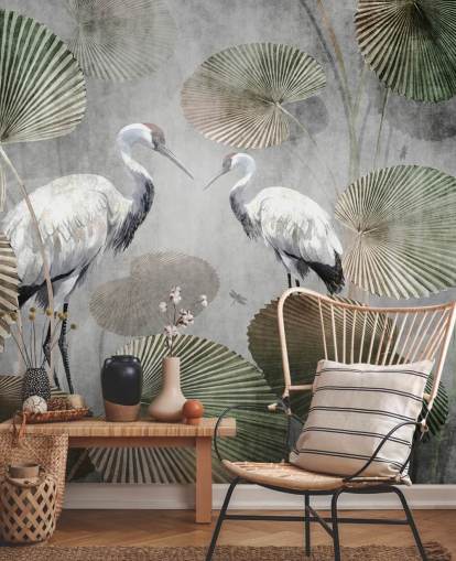 green vintage jungle wallpaper mural called Vintage Jungle Cranes Green at Wallsauce for bedrooms, hallways and living rooms