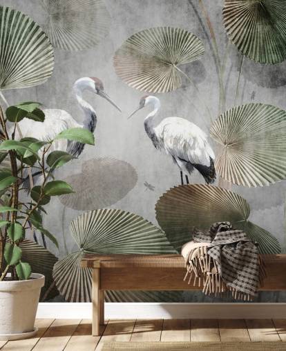 grüne Vintage-Dschungel-Tapete namens Vintage Jungle Cranes Green at Wallsauce für Schlafzimmer, Flure und Wohnzimmer grüne Vintage-Dschungel-Tapete namens Vintage Jungle Cranes Green at Wallsauce für Schlafzimmer, Flure und Wohnzimmer