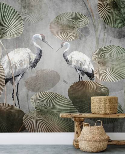 mural verde vintage de la jungla llamado Vintage Jungle Cranes Green at Wallsauce para dormitorios, pasillos y salas de estar