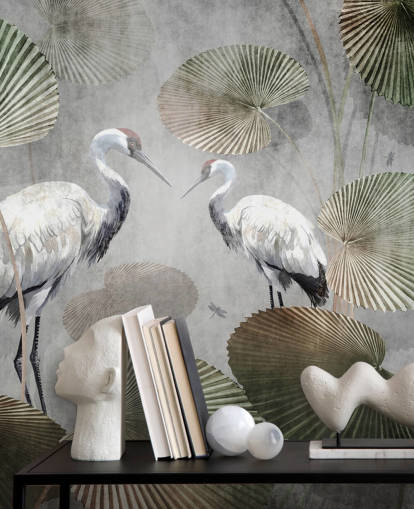 mural verde vintage de la jungla llamado Vintage Jungle Cranes Green at Wallsauce para dormitorios, pasillos y salas de estar mural verde vintage de la jungla llamado Vintage Jungle Cranes Green at Wallsauce para dormitorios, pasillos y salas de estar