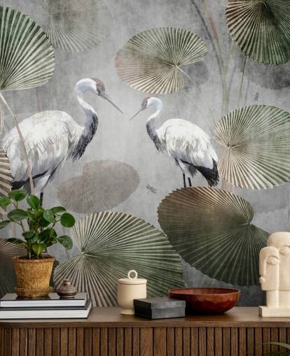 papier peint mural vert vintage de la jungle appelé Vintage Jungle Cranes Green at Wallsauce pour les chambres, les couloirs et les salons
