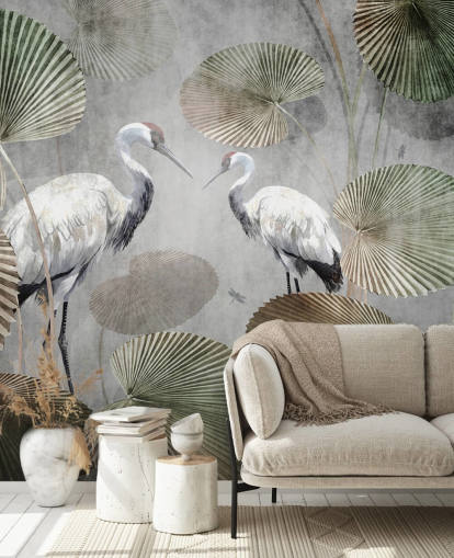 groene vintage jungle behangmuurschildering genaamd Vintage Jungle Cranes Green at Wallsauce voor slaapkamers, gangen en woonkamers groene vintage jungle behangmuurschildering genaamd Vintage Jungle Cranes Green at Wallsauce voor slaapkamers, gangen en woonkamers