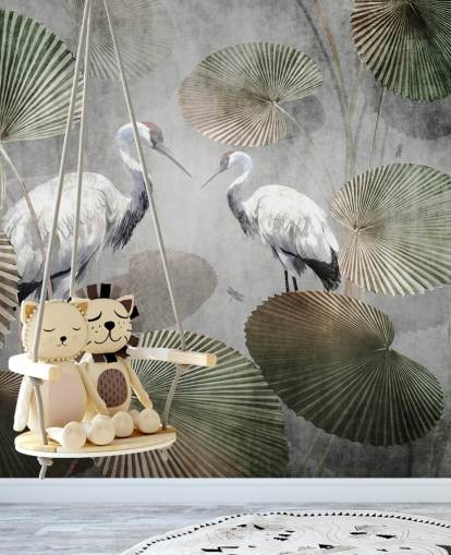 mural de papel de parede verde vintage da selva chamado Vintage Jungle Cranes Green at Wallsauce para quartos, corredores e salas de estar