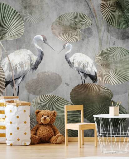 green vintage jungle wallpaper mural called Vintage Jungle Cranes Green at Wallsauce for bedrooms, hallways and living rooms