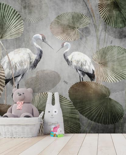 green vintage jungle wallpaper mural called Vintage Jungle Cranes Green at Wallsauce for bedrooms, hallways and living rooms