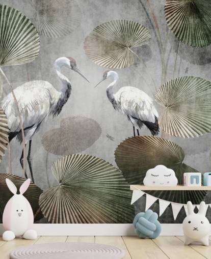 green vintage jungle wallpaper mural called Vintage Jungle Cranes Green at Wallsauce for bedrooms, hallways and living rooms