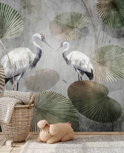 grøn vintage jungle tapetmaleri kaldet Vintage Jungle Cranes Green på Wallsauce til soveværelser, gange og stuer grøn vintage jungle tapetmaleri kaldet Vintage Jungle Cranes Green på Wallsauce til soveværelser, gange og stuer