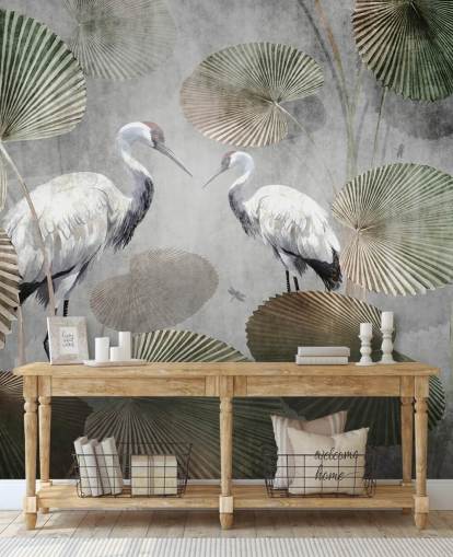 grønt vintage jungel tapetmaleri kalt Vintage Jungle Cranes Green på Wallsauce for soverom, ganger og stuer