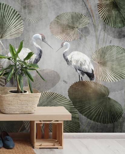 papier peint mural vert vintage de la jungle appelé Vintage Jungle Cranes Green at Wallsauce pour les chambres, les couloirs et les salons
