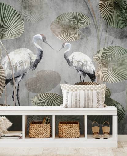 mural verde vintage de la jungla llamado Vintage Jungle Cranes Green at Wallsauce para dormitorios, pasillos y salas de estar