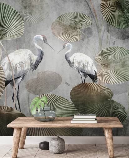 green vintage jungle wallpaper mural called Vintage Jungle Cranes Green at Wallsauce for bedrooms, hallways and living rooms