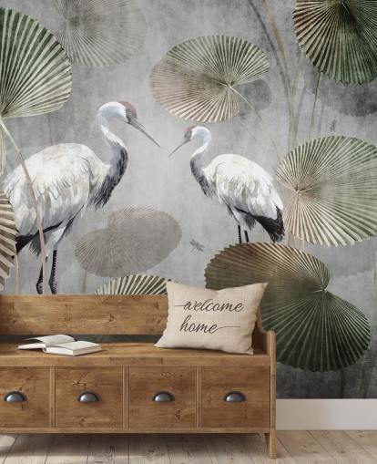 mural verde vintage de la jungla llamado Vintage Jungle Cranes Green at Wallsauce para dormitorios, pasillos y salas de estar