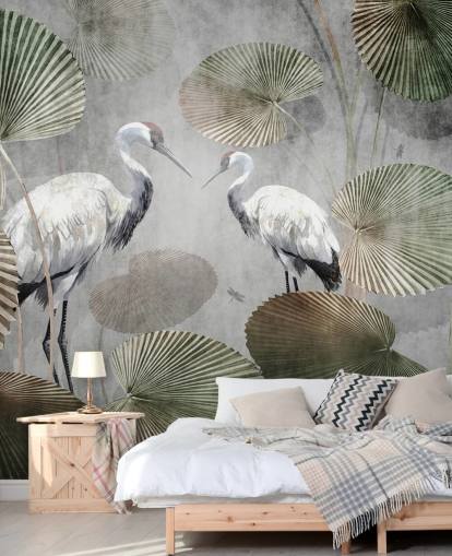papier peint mural vert vintage de la jungle appelé Vintage Jungle Cranes Green at Wallsauce pour les chambres, les couloirs et les salons