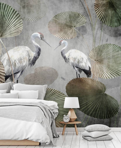mural de papel de parede verde vintage da selva chamado Vintage Jungle Cranes Green at Wallsauce para quartos, corredores e salas de estar mural de papel de parede verde vintage da selva chamado Vintage Jungle Cranes Green at Wallsauce para quartos, corredores e salas de estar