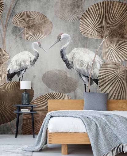 vintage jungle behangmuurschildering genaamd Vintage Jungle Cranes at Wallsauce voor slaapkamers, woonkamers en gangen vintage jungle behangmuurschildering genaamd Vintage Jungle Cranes at Wallsauce voor slaapkamers, woonkamers en gangen