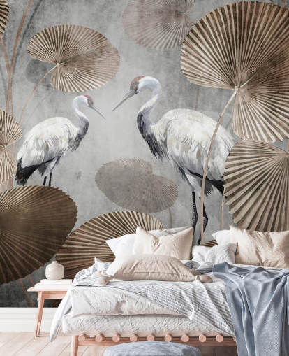 carta da parati murale vintage con giungla chiamata Vintage Jungle Cranes at Wallsauce per camere da letto, salotti e corridoi