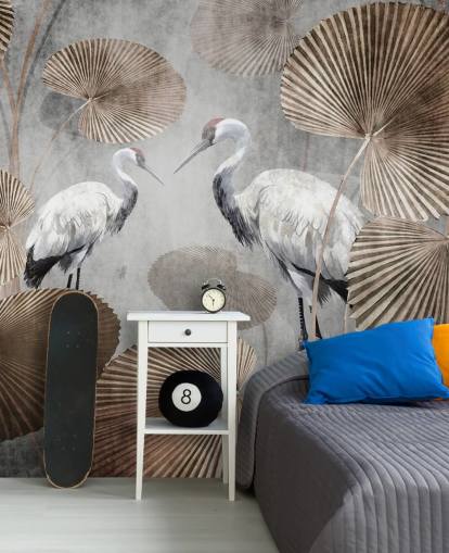 mural vintage de papel pintado de la jungla llamado Vintage Jungle Cranes at Wallsauce para dormitorios, salas de estar y pasillos