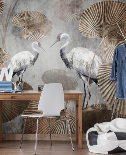 Vintage-Dschungel-Tapetenwandbild namens Vintage Jungle Cranes in Wallsauce für Schlafzimmer, Wohnzimmer und Flure