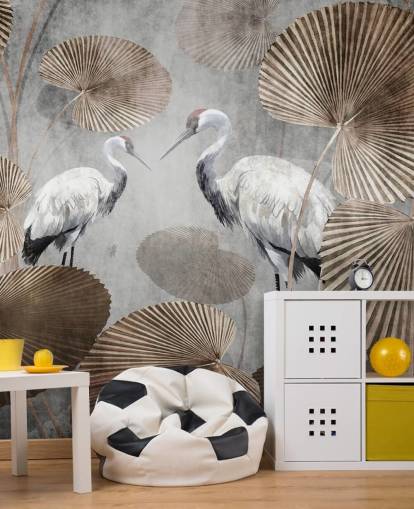 mural vintage de papel pintado de la jungla llamado Vintage Jungle Cranes at Wallsauce para dormitorios, salas de estar y pasillos
