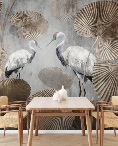 mural de papel de parede vintage da selva chamado Vintage Jungle Cranes at Wallsauce para quartos, salas de estar e corredores mural de papel de parede vintage da selva chamado Vintage Jungle Cranes at Wallsauce para quartos, salas de estar e corredores