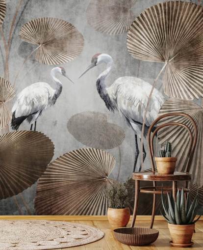 carta da parati murale vintage con giungla chiamata Vintage Jungle Cranes at Wallsauce per camere da letto, salotti e corridoi