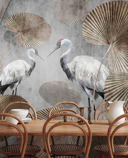 Vintage-Dschungel-Tapetenwandbild namens Vintage Jungle Cranes in Wallsauce für Schlafzimmer, Wohnzimmer und Flure