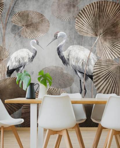 carta da parati murale vintage con giungla chiamata Vintage Jungle Cranes at Wallsauce per camere da letto, salotti e corridoi