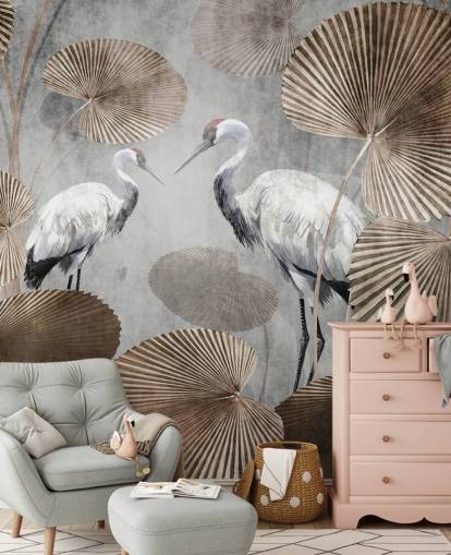 vintage djungel tapetväggmålning som heter Vintage Jungle Cranes på Wallsauce för sovrum, vardagsrum och korridorer