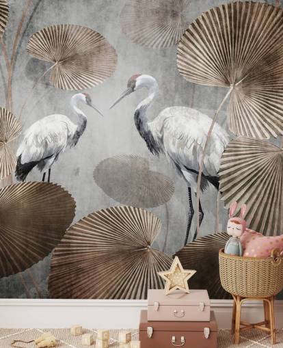 vintage jungle wallpaper mural called Vintage Jungle Cranes at Wallsauce for bedrooms, living rooms and hallways