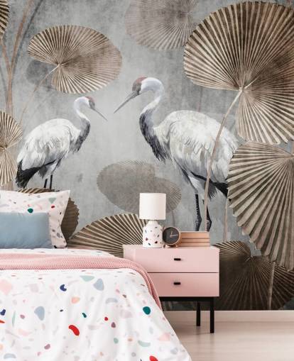 vintage viidakon taustakuvamaalaus nimeltä Vintage Jungle Cranes Wallsaucessa makuuhuoneisiin, olohuoneisiin ja käytäviin