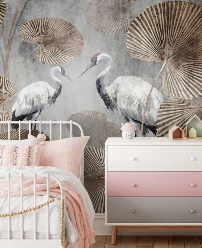 mural vintage de papel pintado de la jungla llamado Vintage Jungle Cranes at Wallsauce para dormitorios, salas de estar y pasillos