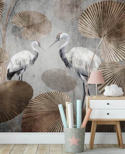 vintage jungle wallpaper mural called Vintage Jungle Cranes at Wallsauce for bedrooms, living rooms and hallways