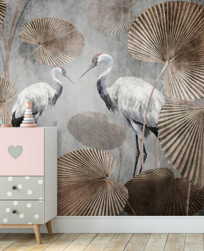 carta da parati murale vintage con giungla chiamata Vintage Jungle Cranes at Wallsauce per camere da letto, salotti e corridoi