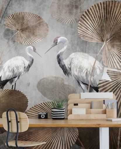 Vintage-Dschungel-Tapetenwandbild namens Vintage Jungle Cranes in Wallsauce für Schlafzimmer, Wohnzimmer und Flure