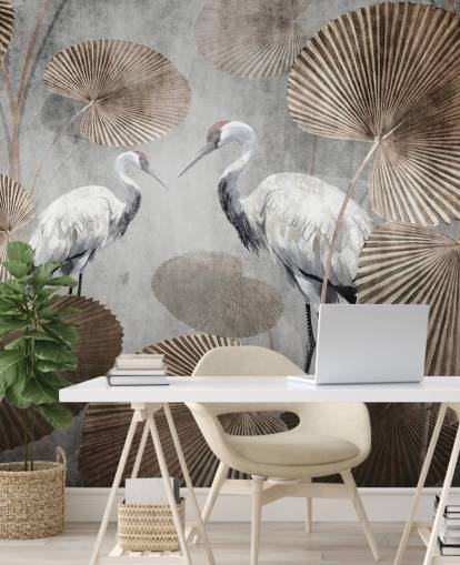 Vintage-Dschungel-Tapetenwandbild namens Vintage Jungle Cranes in Wallsauce für Schlafzimmer, Wohnzimmer und Flure