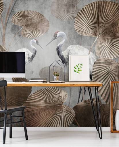 mural de papel de parede vintage da selva chamado Vintage Jungle Cranes at Wallsauce para quartos, salas de estar e corredores