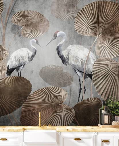 Vintage-Dschungel-Tapetenwandbild namens Vintage Jungle Cranes in Wallsauce für Schlafzimmer, Wohnzimmer und Flure