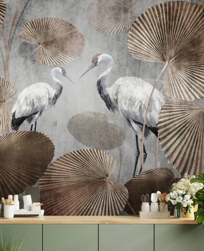 vintage jungle wallpaper mural called Vintage Jungle Cranes at Wallsauce for bedrooms, living rooms and hallways