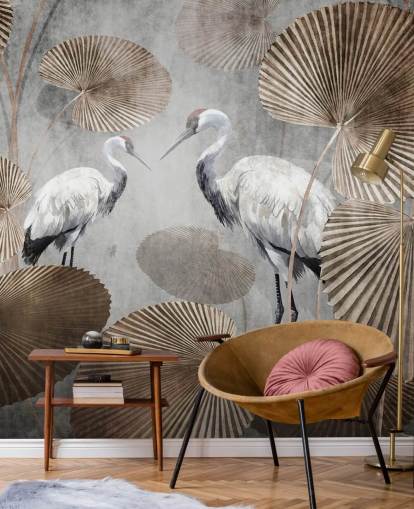 Vintage-Dschungel-Tapetenwandbild namens Vintage Jungle Cranes in Wallsauce für Schlafzimmer, Wohnzimmer und Flure Vintage-Dschungel-Tapetenwandbild namens Vintage Jungle Cranes in Wallsauce für Schlafzimmer, Wohnzimmer und Flure