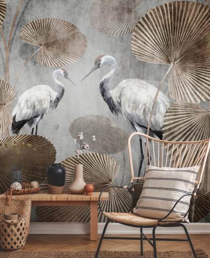 vintage jungle behangmuurschildering genaamd Vintage Jungle Cranes at Wallsauce voor slaapkamers, woonkamers en gangen vintage jungle behangmuurschildering genaamd Vintage Jungle Cranes at Wallsauce voor slaapkamers, woonkamers en gangen