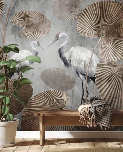 mural de papel de parede vintage da selva chamado Vintage Jungle Cranes at Wallsauce para quartos, salas de estar e corredores
