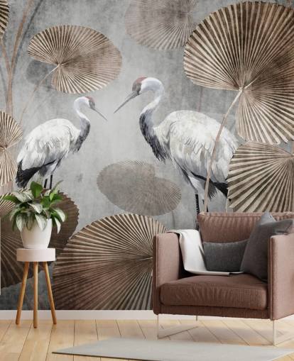 mural vintage de papel pintado de la jungla llamado Vintage Jungle Cranes at Wallsauce para dormitorios, salas de estar y pasillos