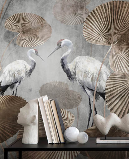 mural vintage de papel pintado de la jungla llamado Vintage Jungle Cranes at Wallsauce para dormitorios, salas de estar y pasillos