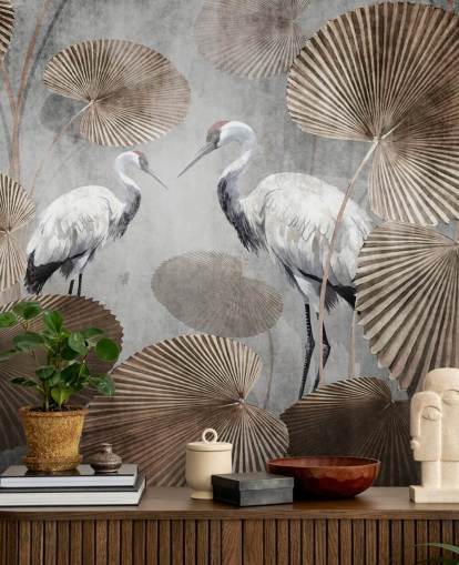 Vintage-Dschungel-Tapetenwandbild namens Vintage Jungle Cranes in Wallsauce für Schlafzimmer, Wohnzimmer und Flure