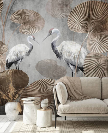 mural vintage de papel pintado de la jungla llamado Vintage Jungle Cranes at Wallsauce para dormitorios, salas de estar y pasillos