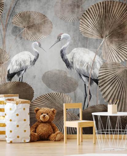 vintage jungle wallpaper mural called Vintage Jungle Cranes at Wallsauce for bedrooms, living rooms and hallways