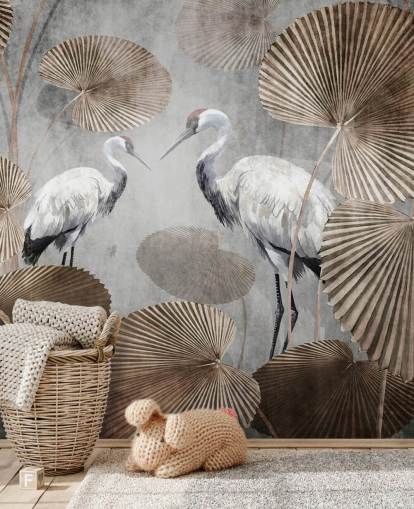 mural de papel de parede vintage da selva chamado Vintage Jungle Cranes at Wallsauce para quartos, salas de estar e corredores